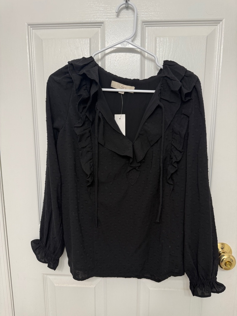 LOFT Black Ruffle V-Neck Tie Long Sleeve Blouse